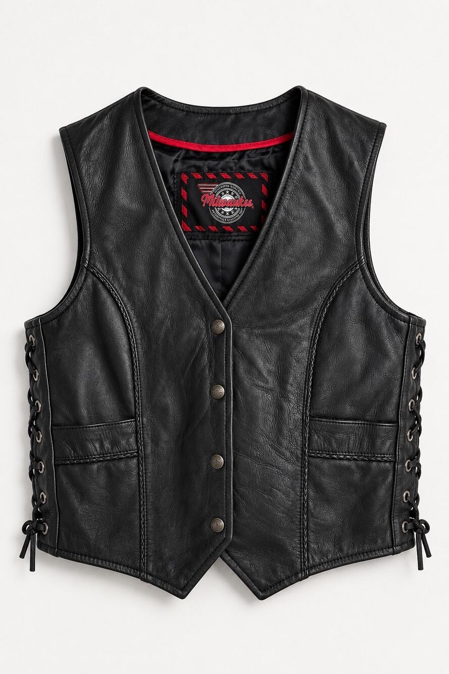 Milwaukee Leather Women’s Black Genuine Leather Motorcycle Vest | Lace-Up Sides